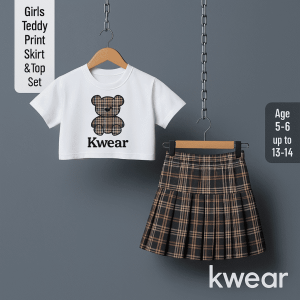 🧸 Girls Teddy Print Skirt & Top Set – Kwear