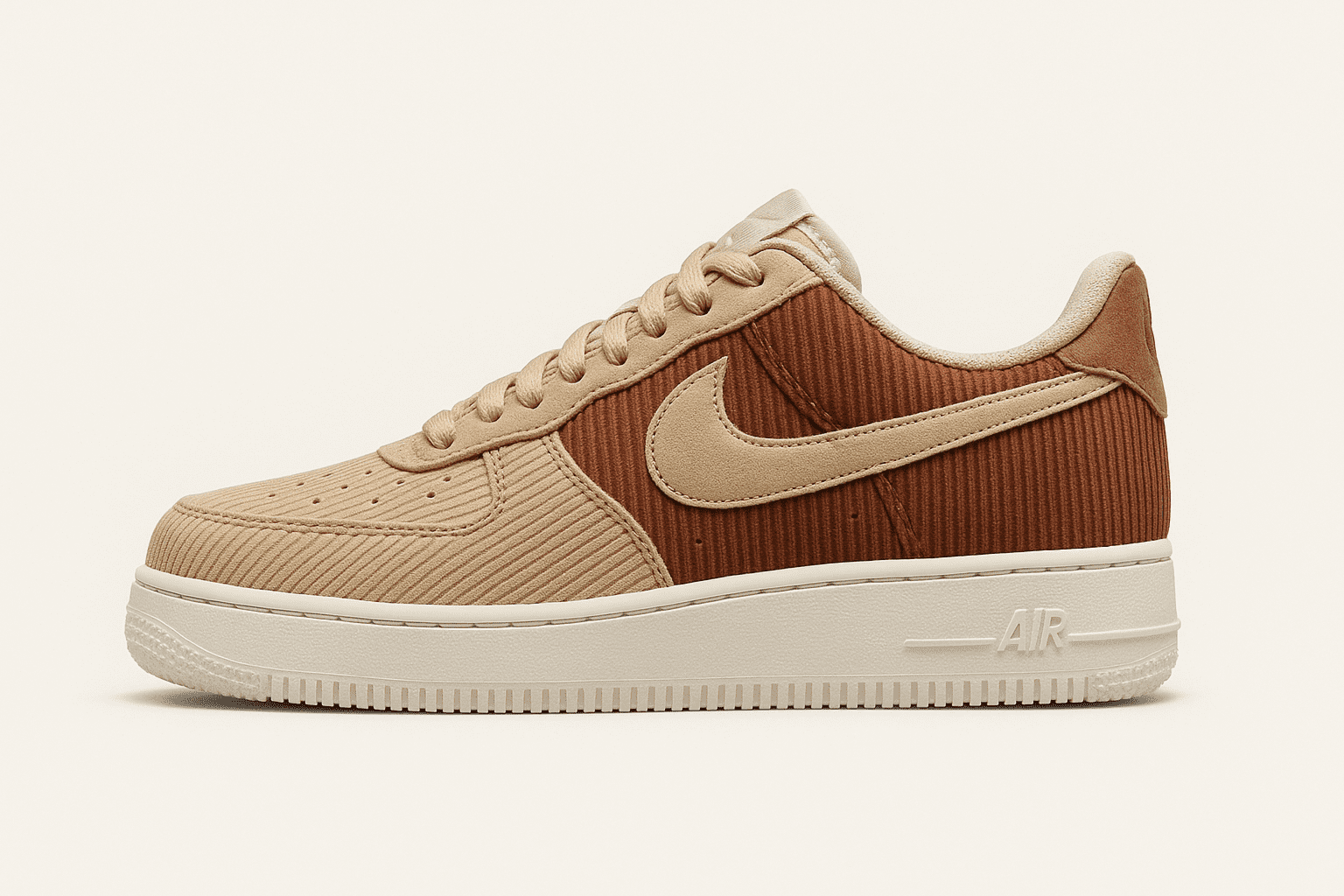 Minimal sneaker graphic on a ribbed, corduroy-style backdrop with the text “Nike Air Force 1 ‘Corduroy Pack’ Fall/Winter 2025.”