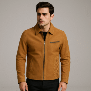 men’s camel suede jacket – minimalist streetwear elegance