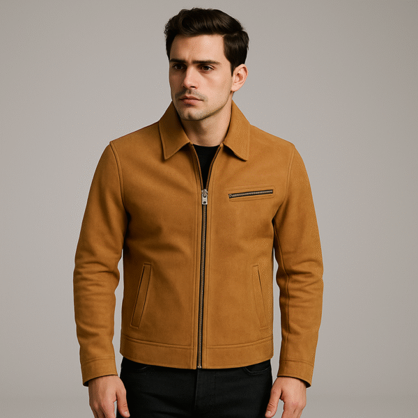 men’s camel suede jacket – minimalist streetwear elegance